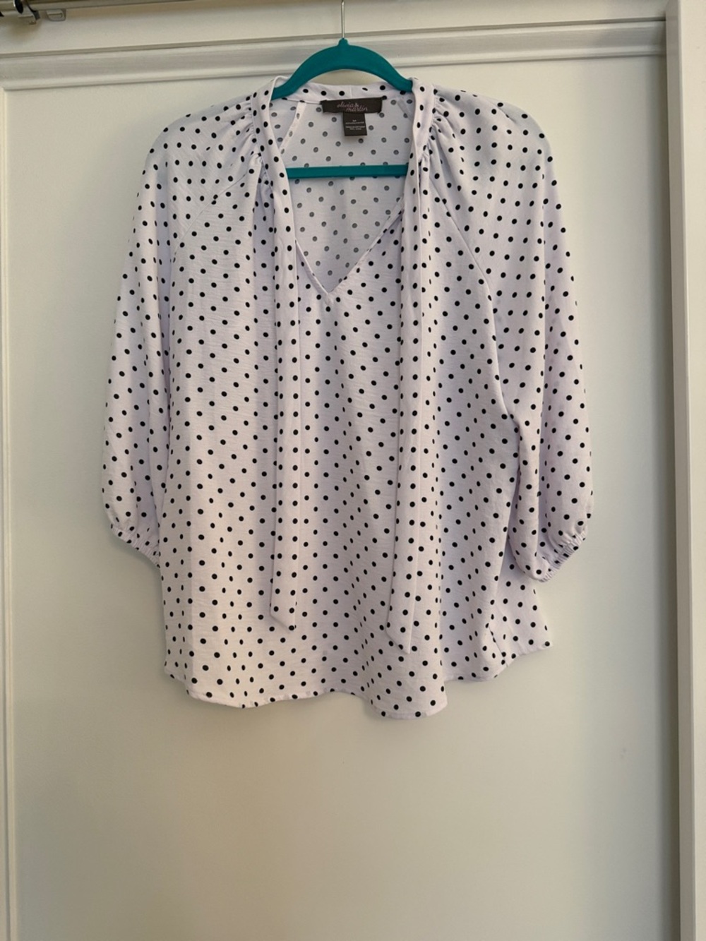 White Polka Dot V-Neck Tie-Front Blouse